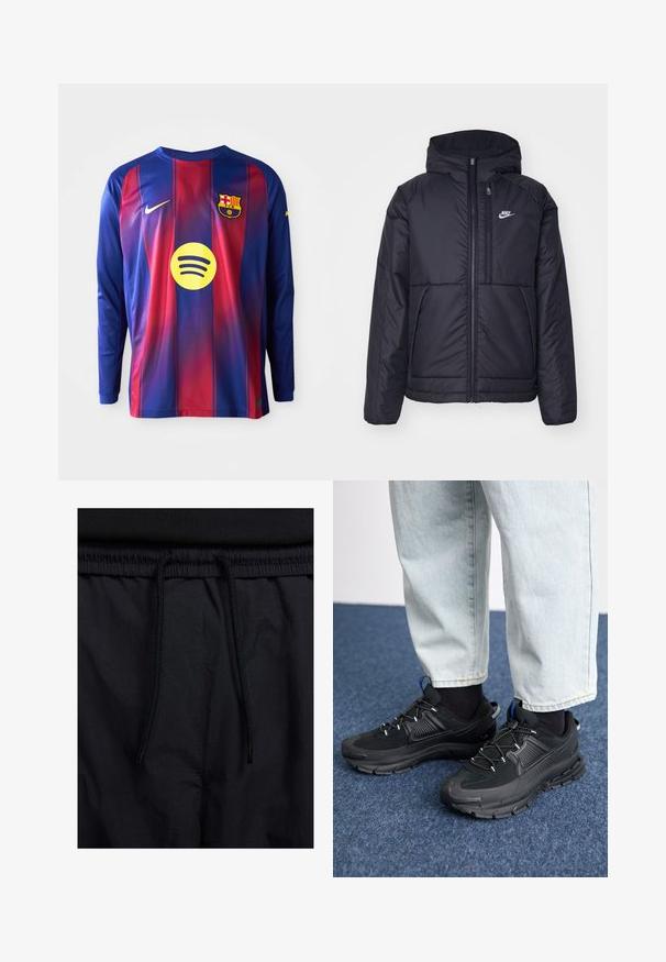 Zwarte, gewatteerde Nike-jas met een voorkant met ritssluiting en capuchon. Kenmerkt zich door een wit logo op de linkerborst en dubbele frontzakken. Gladde buitenkant.; Langarm voetbalsjersey met blauwe en rode verticale strepen, Nike-logo, Barcelona-embleem en een cirkelvormig Spotify-logo in het midden.; Zwarte shorts met een drawstring tailleband, lichtgewicht stof met een zachte textuur en een eenvoudig ontwerp zonder zichtbare logo's of patronen.; Zwarte sportschoenen met gestructureerde stof en rubberen zolen, met elastische veters en een blauwe accent op de hiel. Draag samen met lichte spijkerbroeken.