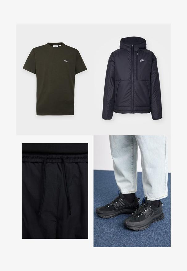 Melna, pufota Nike jaka ar priekšējo rāvējslēdzēju un kapuci. Iezīmēta ar baltu logotipu uz kreisās krūtis un divām priekšējām kabatām. Gluda ārējā tekstūra.; Obey Clothing LOWERCASE TEE UNISEX - Pamata T-krekls - rosin; Melni šorti ar sašūtu jostu, viegls audums ar gludu tekstūru un vienkāršs dizains bez redzamiem logotipiem vai paraugiem.; Melni sporta apavi ar strukturētu audumu un gumijas zoli, ar elastīgām auklām un zilu akcentu uz papēža. Nēsāti ar gaišām džinsu biksēm.