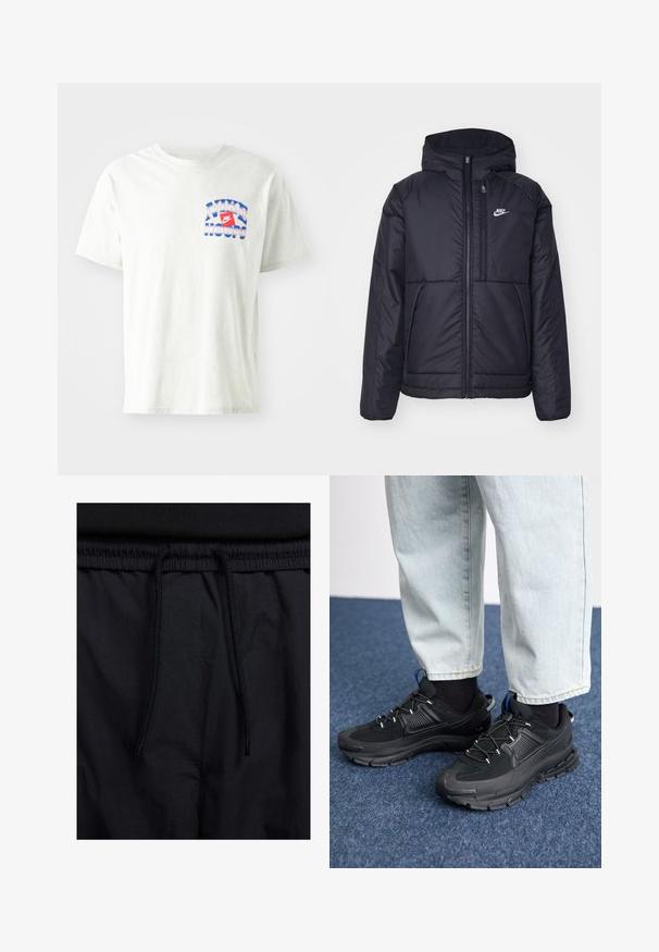Sort, polstret Nike-jakke med frontlynlås og hætte. Har et hvidt logo på venstre bryst og to frontlommer. Glat ydre tekstur.; Lys grå bomulds T-shirt med rund hals. Har et blåt og rødt "NIKE HOOPS" grafik på forsiden. Korte ærmer, løs pasform.; Sorte shorts med snoretræk i taljen, letvægtsstof med en glat tekstur og et simpelt design uden synlige logoer eller mønstre.; Sorte træningssko med tekstureret stof og gummisåler, udstyret med elastiske snørebånd og en blå detalje på hælen. Bæres med lyse denimbukser.