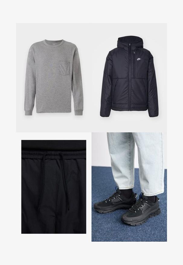 Sort, polstret Nike-jakke med frontlynlås og hætte. Har et hvidt logo på venstre bryst og to frontlommer. Glat ydre tekstur.; Grå langærmet t-shirt med rund hals, med en brystlomme og ribbede manchetter. Lavet af blødt, letvægts bomuldsstof.; Sorte shorts med snoretræk i taljen, letvægtsstof med en glat tekstur og et simpelt design uden synlige logoer eller mønstre.; Sorte træningssko med tekstureret stof og gummisåler, udstyret med elastiske snørebånd og en blå detalje på hælen. Bæres med lyse denimbukser.