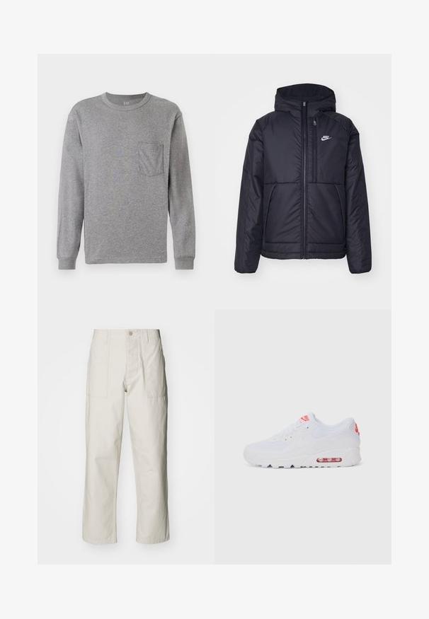Black, padded Nike jacket with a front zipper and hood. Features a white logo on the left chest and dual front pockets. Smooth exterior texture.; Gray long-sleeve t-shirt with a round neck, featuring a chest pocket and ribbed cuffs. Made from soft, lightweight cotton material.; Light beige wide-leg pants made of cotton. Features front pockets and a button closure. Smooth texture with subtle vertical lines.; White athletic sneaker featuring a smooth upper, lace closure, cushioned sole, and a visible air unit with red accents on the branding.