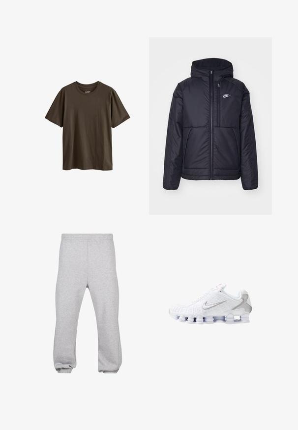 Zwarte, gewatteerde Nike-jas met een voorkant met ritssluiting en capuchon. Kenmerkt zich door een wit logo op de linkerborst en dubbele frontzakken. Gladde buitenkant.; Donkerbruine katoenen T-shirt met korte mouwen en een ronde hals. Vette textuur, eenvoudig ontwerp, en geen zichtbare patronen of accenten.; Grijze joggingsbroek van een katoenmix, met een elastische tailleband, taps toelopende pijpen en verdfste naden. Eenvoudig ontwerp zonder patronen.; Witte sportschoenen met een gestructureerd bovenwerk, een zilveren swoosh-logo, meshpanelen en een opvallende gesegmenteerde witte zool.