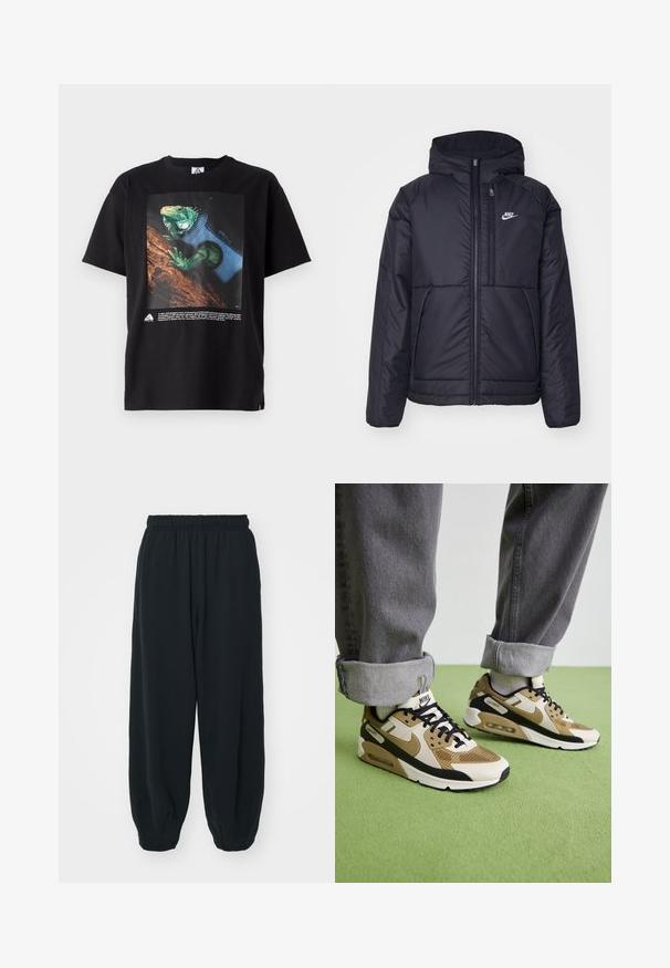 Casaco Nike preto, acolchoado, com fecho à frente e capuz. Apresenta um logo branco no lado esquerdo do peito e dois bolsos frontais. Textura exterior lisa.; T-shirt de algodão preta com uma gráfica colorida de uma iguana verde numa arreata azul, com texto abaixo e um logótipo no canto inferior.; Calças de fato de treino pretas, com cintura elástica e um corte solto, com punhos nas pernas, textura suave e sem padrões visíveis ou detalhes de metal.; Sapatilhas Nike Air Max 90 em bege e preto, com materiais em malha e couro, almofada visível e atacadores pretos.