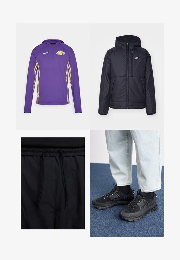 Zwarte, gewatteerde Nike-jas met een voorkant met ritssluiting en capuchon. Kenmerkt zich door een wit logo op de linkerborst en dubbele frontzakken. Gladde buitenkant.; Paarse lange mouwen hoodie, met gele zijstrepen en een Lakers-logo, voorzien van een halve ritssluiting en textuur voor ademend vermogen.; Zwarte shorts met een drawstring tailleband, lichtgewicht stof met een zachte textuur en een eenvoudig ontwerp zonder zichtbare logo's of patronen.; Zwarte sportschoenen met gestructureerde stof en rubberen zolen, met elastische veters en een blauwe accent op de hiel. Draag samen met lichte spijkerbroeken.