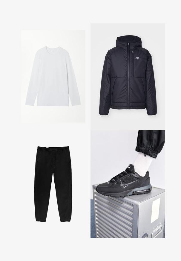 Černá zateplená bunda Nike s předním zipem a kapucí. Na levé straně hrudi má bílé logo a dvojité přední kapsy. Hladký povrch.; Hladké bílé triko s dlouhým rukávem a kulatým výstřihem, vystavené na bílé pozadí.; Černé kalhoty s elastickým pasem a stahovací šňůrkou, se zúženými nohavicemi, bočními kapsami a jemnými detaily bočního šití. Měkká textilie z bavlny.; Nike Sportswear PULSE - Tenisky - black/anthracite