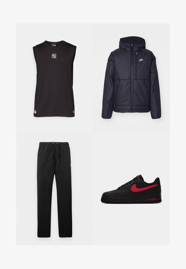 Čierna, polstrovaná bunda Nike so zipsom vpredu a kapucňou. Na ľavej strane hrude sa nachádza biele logo a sú tu dva predné vrecká. Hladký vonkajší povrch.; Čierny tielko bez rukávov vyrobené z hladkej tkaniny, s bielym vyšívaným logom a malou štítkou s logom na leme.; Čierne teplákové nohavice vyrobené z flísu, s elastickým pásom a šnúrkami na zaväzovanie, dvoma prednými vreckami a malým logom na stehne.; Čierne kožené tenisky Nike Air Force 1 s červenými akcentmi, s hladkým povrchom, perforovanou špičkou a kontrastným červeným prešívaním.