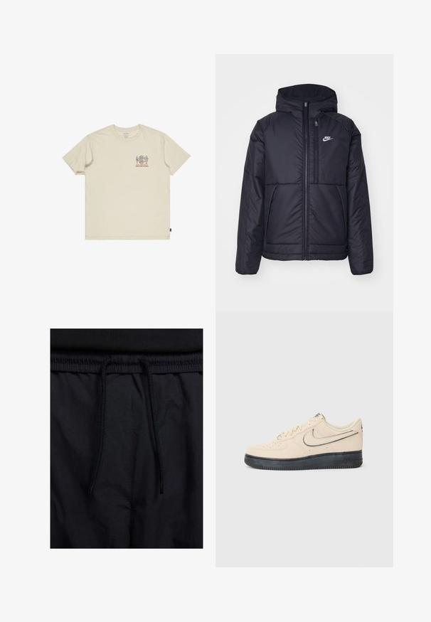 Must musta Nike jope, millel on ees lukuga avamine ja kapuuts. Vasakpoolne rind on kaunistatud valge logoga ning ees on kaks taskut. Sile välimine tekstuur.; Beige puuvillane T-särk, millel on rindkeres väike, mitmevärviline graafika. Ümar kaelus ja lühikesed varrukad. Lõdvestunud lõige külgmise sildiga.; Mustad lühikesed püksid, millel on paelaga vöökoht, kerge kangas, mis on sileda tekstuuriga ning lihtne disain ilma nähtavate logode või mustriteta.; Beige südamega Nike Air Force 1 tossud musta kummitallaga, õmmeldud aktsendid, aukudega varvas ja silmapaistev swoosh logo.