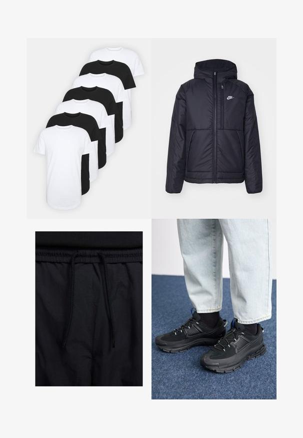 Black, padded Nike jacket with a front zipper and hood. Features a white logo on the left chest and dual front pockets. Smooth exterior texture.; Set of eight crew-neck t-shirts in black and white. Cotton material, short sleeves, standard fit, smooth texture, with tag detail.; Black shorts featuring a drawstring waistband, lightweight fabric with a smooth texture, and a simple design without visible logos or patterns.; Black athletic shoes with textured fabric and rubber soles, featuring elastic laces and a blue accent on the heel. Worn with light denim pants.