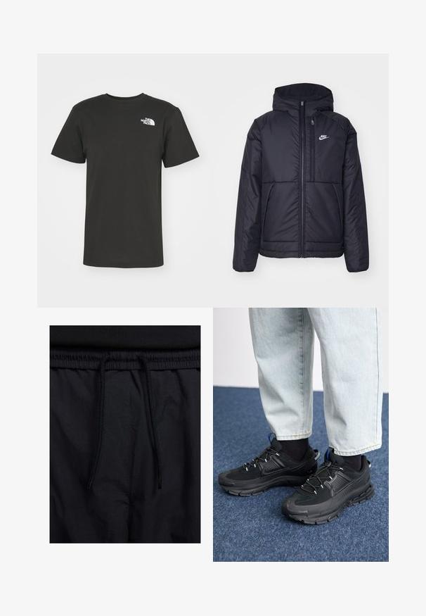 Sort, polstret Nike-jakke med frontlynlås og hætte. Har et hvidt logo på venstre bryst og to frontlommer. Glat ydre tekstur.; Sort bomulds t-shirt med rund hals, korte ærmer og et lille hvidt logo på venstre bryst. Simpelt design, glat tekstur.; Sorte shorts med snoretræk i taljen, letvægtsstof med en glat tekstur og et simpelt design uden synlige logoer eller mønstre.; Sorte træningssko med tekstureret stof og gummisåler, udstyret med elastiske snørebånd og en blå detalje på hælen. Bæres med lyse denimbukser.