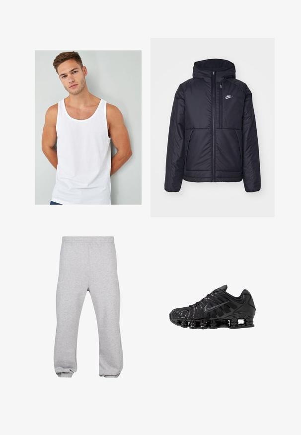 Sort, polstret Nike-jakke med frontlynlås og hætte. Har et hvidt logo på venstre bryst og to frontlommer. Glat ydre tekstur.; Hvid bomulds tanktop med rund halsudskæring og bredde ærmegab, vist på en model mod en lys grå baggrund.; Grå sweatpants lavet af bomuldsblanding, med elastisk talje, tapered ben og manchetter. Enkel design uden mønstre.; Sorte atletikskoser lavet af mesh og syntetiske materialer, med et karakteristisk bølget design, sort gummisål og reflekterende detaljer.