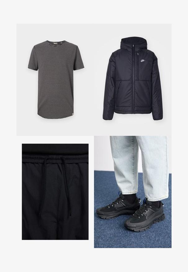 Giacca Nike nera, imbottita, con zip frontale e cappuccio. Presenta un logo bianco sul lato sinistro del petto e doppie tasche frontali. Texture esterna liscia.; T-shirt a righe bianche e nere con maniche corte, scollatura rotonda e orlo arrotondato. Tessuto morbido con vestibilità casual. Etichetta visibile all'interno.; Shorts neri con vita regolabile tramite coulisse, tessuto leggero con una texture liscia e un design semplice senza loghi o motivi visibili.; Scarpe sportive nere con tessuto testurizzato e suole in gomma, dotate di lacci elastici e un accento blu sul tallone. Indossate con pantaloni in denim chiaro.