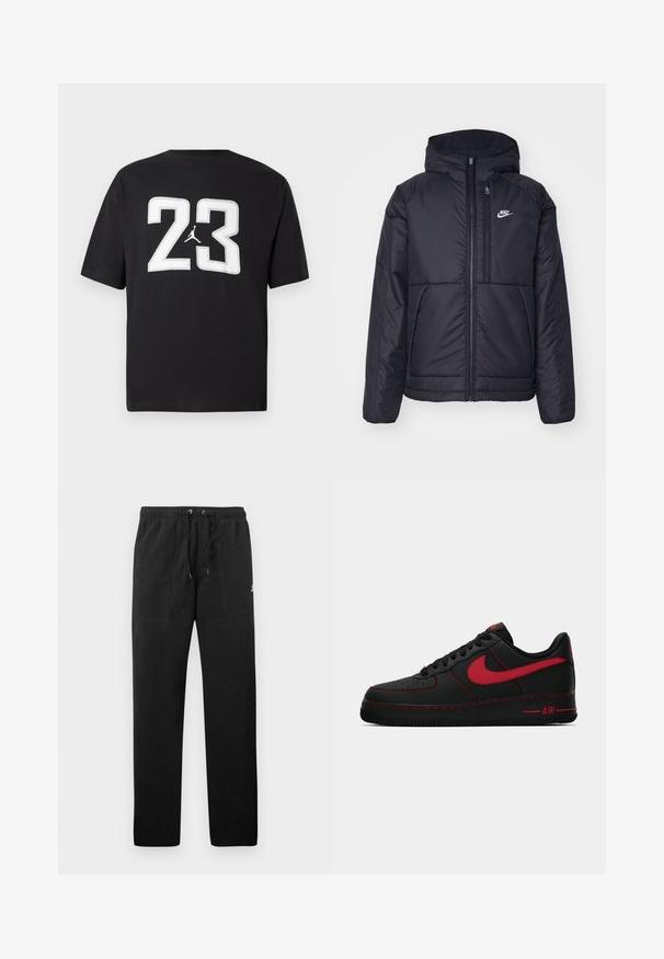 Svart, polstret Nike-jakke med frontglidelås og hette. Har en hvit logo på venstre bryst og doble frontlommer. Glatt ytterside.; Svart bomull t-skjorte med et stort hvitt "23" og et Jumpman-logo på forsiden; korte ermer og en klassisk rund halsdesign.; Sorte joggebukser laget av fleece, med elastisk liv med snøring, to frontlommer og en liten logo på låret.; Svarte lær Nike Air Force 1 sneakers med røde detaljer, som har en glatt tekstur, perforert tå og kontrasterende røde sting.