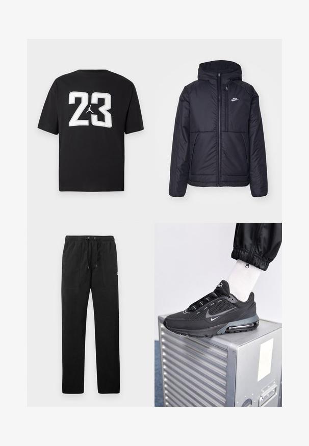 Schwarze, gepolsterte Nike-Jacke mit Frontreißverschluss und Kapuze. Hat ein weißes Logo auf der linken Brust und zwei Fronttaschen. Glattes äußeres Material.; Schwarzes Baumwoll-T-Shirt mit einer großen weißen "23" und einem Jumpman-Logo auf der Vorderseite; kurze Ärmel und klassischer Rundhalsausschnitt.; Schwarze Sweatpants aus Fleece, mit einem elastischen Bund mit Kordelzug, zwei Fronttaschen und einem kleinen Logo auf dem Oberschenkel.; Nike Sportswear PULSE - Sneaker low - black/anthracite