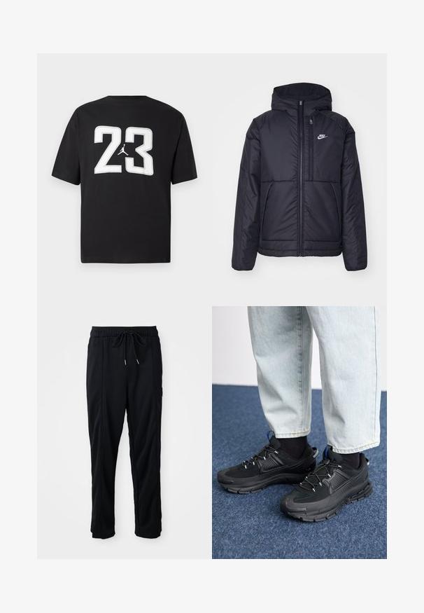 Must musta Nike jope, millel on ees lukuga avamine ja kapuuts. Vasakpoolne rind on kaunistatud valge logoga ning ees on kaks taskut. Sile välimine tekstuur.; Must musta t-särk, millel on esiküljel suur valge "23" ja Jumpman-logo; lühikesed varrukad ja klassikaline ümmargune kaelus.; Mustad nööridega vööga igapäevased mustad püksid, külgseamipocketid ja sirge sääre lõikega, ühtlasel taustal.; Mustad mustad jooksukingad, millel on tekstureeritud kangas ja kummist tallad, elastsed nöörid ning sinine aksent kandadel. Kandmine heledate teksadega.