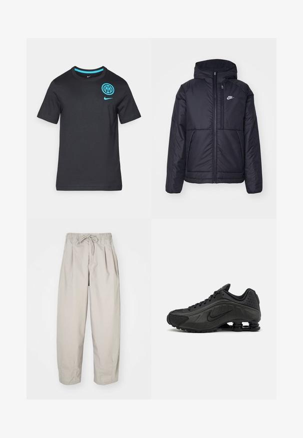Černá zateplená bunda Nike s předním zipem a kapucí. Na levé straně hrudi má bílé logo a dvojité přední kapsy. Hladký povrch.; Černé bavlněné tričko s krátkým rukávem a kulatým výstřihem, na hrudi s modrým logem Nike a emblémem Interu Milán.; Béžové, lehké kalhoty s elastickým pasem a šňůrkou na stažení. Mají sklady a volný střih, vyrobené z měkké, hladké látky.; Černé běžecké boty s hladkým syntetickým svrškem, perforovanými akcenty, texturovanými bočními panely a výraznou pružnou podrážkou.