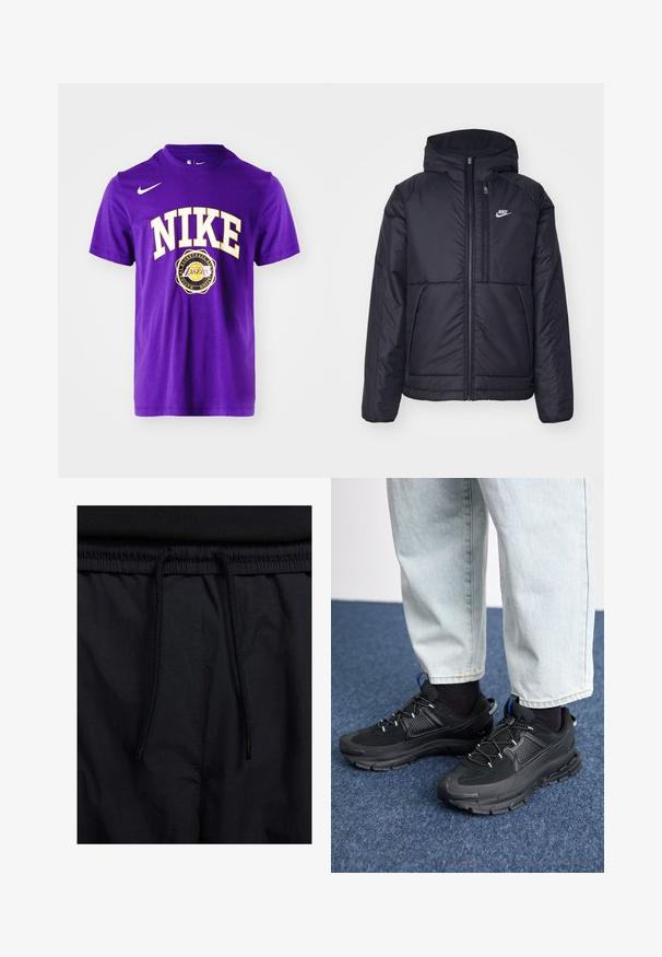 Črna, podložena Nike jakna z sprednjim zadrgo in kapuco. Ima bel logo na levem prsnem delu in dvojna sprednja žepa. Gladka zunanja tekstura.; Purpurna bombažna majica s kratkimi rokavi, ki ima belo besedilo "NIKE" z rumenim obrubom in logotip Los Angeles Lakers, centriran spodaj. Ovratnik na crew neck.; Črne kratke hlače z vrvico v pasu, lahkotna tkanina z gladko teksturo in preprosto zasnovo brez vidnih logotipov ali vzorcev.; Črne športne čevlje z teksturirano tkanino in gumijastimi podplati, ki imajo elastične vezalke ter modre poudarke na peti. Nosi se z lahkimi denim hlačami.