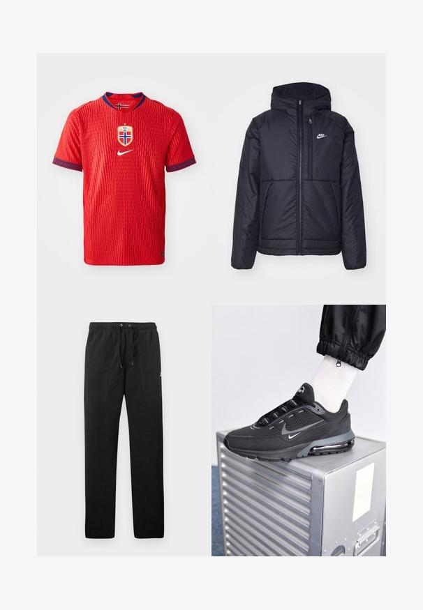 Czarna, pikowana kurtka Nike z przednim zamkiem błyskawicznym i kapturem. Posiada białe logo po lewej stronie klatki piersiowej oraz podwójne kieszenie z przodu. Gładka struktura zewnętrzna.; Czerwona koszulka Nike z teksturowanym wzorem, z okrągłym dekoltem, niebieskimi akcentami na rękawach oraz znakiem reprezentacji Norwegii na piersi.; Czarne spodnie dresowe z polaru, z elastycznym paskiem w talii ze sznurkiem, dwiema przednimi kieszeniami oraz małym logo na udzie.; Nike Sportswear PULSE czarny