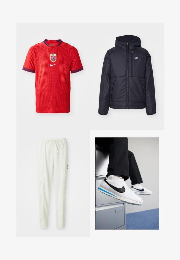 Fekete, párnázott Nike dzseki elülső cipzárral és kapucnival. A bal mellen fehér logó található, valamint két elülső zseb. Simának tűnő külső felület.; Piros Nike mez texturált mintával, kerek nyakkal, kék részletekkel az ujjakon, és Norvégia válogatott csapatának jelvényével a mellkason.; Fehér, slim fit szabású sportnadrág, elasztikus derékkal és húzózsinórral, oldalsó varrás részletekkel és egy kis fekete folttal a jobb lábon.; Fehér bőr sportcipő fekete Nike logóval, világoskék és szürke gumitalppal, valamint klasszikus fűzős kialakítással. A lábak egy iratmegőrző szekrényen pihennek.