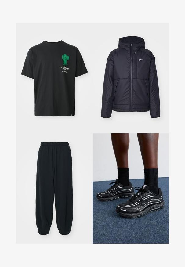Črna, podložena Nike jakna z sprednjim zadrgo in kapuco. Ima bel logo na levem prsnem delu in dvojna sprednja žepa. Gladka zunanja tekstura.; Črna majica s kratkimi rokavi z zelenim risanim kaktusom in belim besedilom "Conditions Gear Big Bend, Texas" na levi strani prsnega dela.; Črne, elastične hlače za prosti čas z ohlapnim krojem, manšetami na gležnjih, gladko teksturo in brez vidnih vzorcev ali dodatkov.; Črne Nike čevlje imajo mrežasto zgornji del z naglasnimi črtami, teksturirane vezalke in črn gumijast podplat. Nosijo se s črnimi rebrastimi nogavicami.
