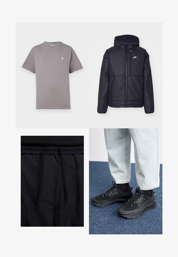 Black, padded Nike jacket with a front zipper and hood. Features a white logo on the left chest and dual front pockets. Smooth exterior texture.; Gray short-sleeve t-shirt made of cotton. Features a round neckline and a small white logo on the left chest. Smooth texture.; Black shorts featuring a drawstring waistband, lightweight fabric with a smooth texture, and a simple design without visible logos or patterns.; Black athletic shoes with textured fabric and rubber soles, featuring elastic laces and a blue accent on the heel. Worn with light denim pants.