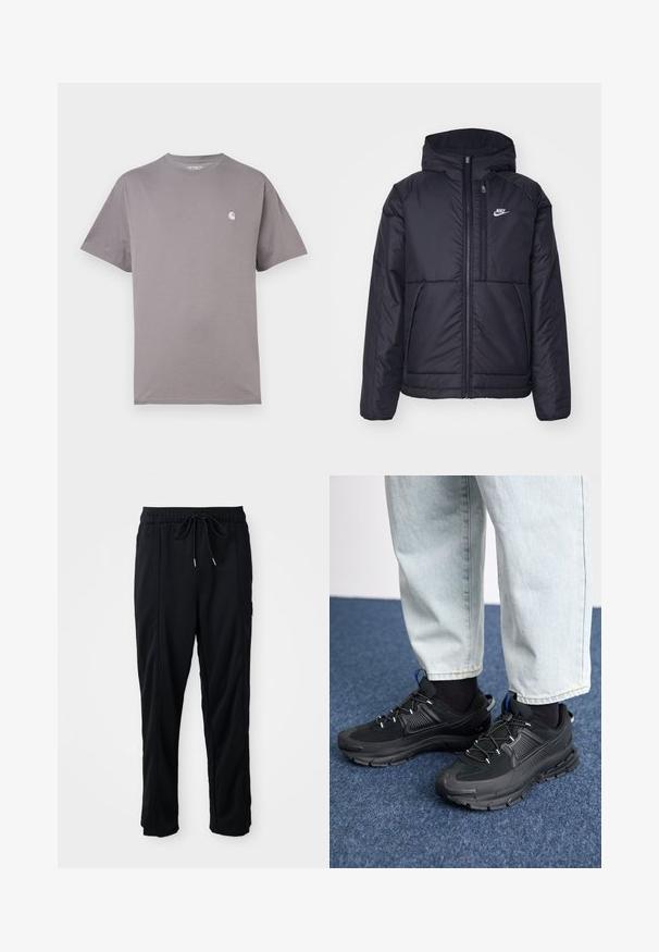 Černá zateplená bunda Nike s předním zipem a kapucí. Na levé straně hrudi má bílé logo a dvojité přední kapsy. Hladký povrch.; Šedé tričko s krátkým rukávem vyrobené z bavlny. Má kulatý výstřih a malé bílé logo na levé části hrudi. Hladká textura.; Černé casual kalhoty se stahovací šňůrkou v pase, bočními kapsami a rovnými nohavicemi na jednobarevném pozadí.; Černé sportovní boty s texturovanou tkaninou a gumovou podrážkou, s elastickými tkaničkami a modrým akcentem na patě. Nosí se s světlými džíny.