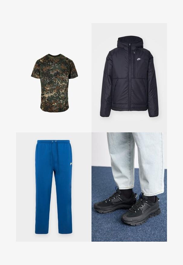 Crna Nike jakna s podstavom, dugmadi sprijeda i kapuljačom. Ima bijeli logotip na lijevoj strani prsnog koša i dva prednja džepa. Glatka vanjska tekstura.; Majica s uzorkom kamuflaže od pamuka, s višebojnim uzorkom u zelenoj, smeđoj i crnoj boji. Okrugli izrez i kratki rukavi.; Plave pamučne trenirka hlače s elastičnim pojasom i vezicama, s bijelim brendiranim logotipom sa strane. Dizajn s ravnim nogavicama, bez uzoraka.; Crne atletske cipele s teksturiranom tkaninom i gumene potplate, s elastičnim vezicama i plavim akcentom na peti. Nosene su s svijetlim trapericama.