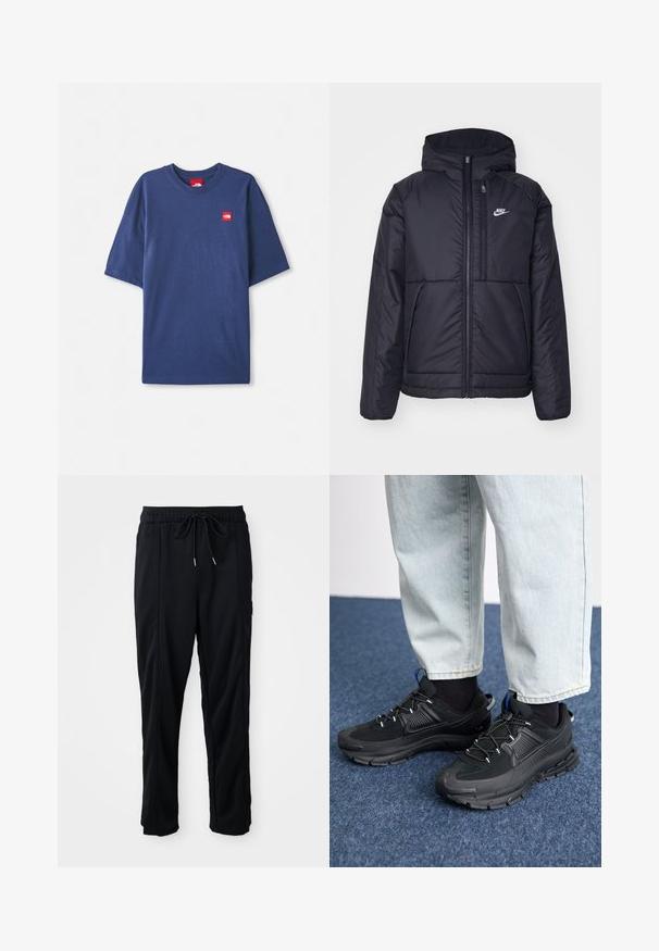 Juodas, paminkštintas Nike džemperis su priekyje užtrauktuku ir gobtuvu. Pasižymi balta logo kairėje krūtinės pusėje ir dviem priekinėmis kišenėmis. Su lygiu išoriniu paviršiumi.; Tamsiai mėlynas trumpomis rankovėmis marškinėliai, pagaminti iš medvilnės, su apvaliu kaklu ir mažai raudona logotipo etikete ant krūtinės.; Juodos laisvos kelnės su raišteliu liemens, šoninėmis kišenėmis ir tiesiu kirpimu ant vienodos fono.; Juodi sportiniai bateliai su tekstūruota medžiaga ir guminiais padais, su elastingomis raišteliais ir mėlynu akcentu ant kulno. Dėvimi su šviesiai mėlynomis džinsinėmis kelnėmis.