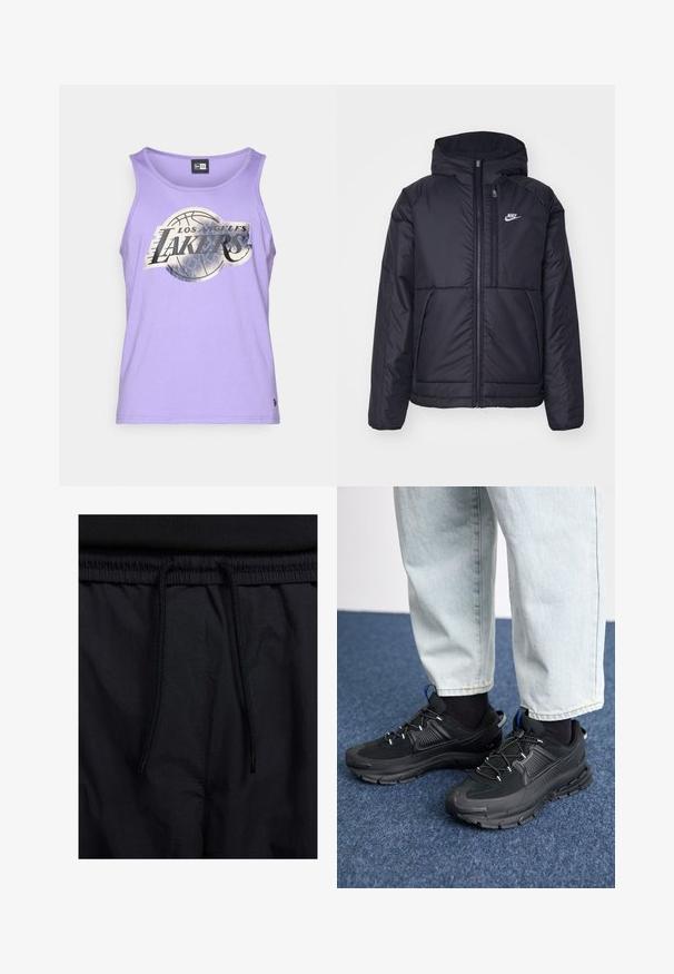 Casaco Nike preto, acolchoado, com fecho à frente e capuz. Apresenta um logo branco no lado esquerdo do peito e dois bolsos frontais. Textura exterior lisa.; Camisola sem mangas roxa feita de tecido macio, com o logótipo prata dos Los Angeles Lakers e um gráfico de basquetebol na frente.; Calções pretos com um cós elástico ajustável, fabricados em tecido leve com uma textura suave e um design simples, sem logótipos ou padrões visíveis.; Sapatilhas desportivas pretas com tecido texturizado e solas em borracha, apresentando atacadores elásticos e um detalhe azul no calcanhar. Usadas com calças de ganga claras.