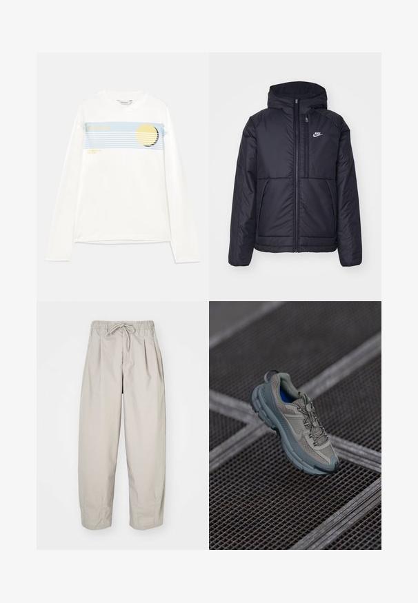 Giacca Nike nera, imbottita, con zip frontale e cappuccio. Presenta un logo bianco sul lato sinistro del petto e doppie tasche frontali. Texture esterna liscia.; T-shirt bianco a maniche lunghe con una striscia grafica blu, un design circolare giallo e il testo "Holzweiler" e "SUMMER 25 THE SUN". Materiale in cotone morbido.; Pantaloni beige leggeri con vita elastica e coulisse. Presentano delle pieghe e una vestibilità ampia, realizzati in tessuto morbido e liscio.; Scarpe sportive beige e grigie con tomaia in mesh testurizzato, punta arrotondata e suola in gomma, dotate di lacci e colletto imbottito.