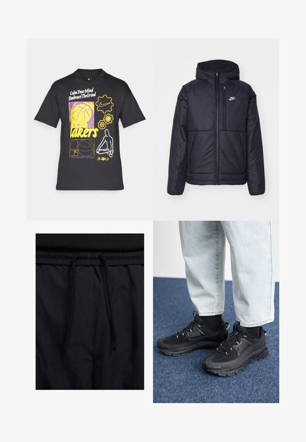 Juodas, paminkštintas Nike džemperis su priekyje užtrauktuku ir gobtuvu. Pasižymi balta logo kairėje krūtinės pusėje ir dviem priekinėmis kišenėmis. Su lygiu išoriniu paviršiumi.; Juodas marškinėliai su grafiniu spaudiniu geltona ir purpurine spalvomis, įskaitant krepšinio kamuolį, tekstą ir Nike bei NBA logotipus. Pagaminta iš medvilnės.; Juodos šortai su raišteliu juosmens srityje, lengva medžiaga su lygiu paviršiumi ir paprastas dizainas be matomų logotipų ar raštų.; Juodi sportiniai bateliai su tekstūruota medžiaga ir guminiais padais, su elastingomis raišteliais ir mėlynu akcentu ant kulno. Dėvimi su šviesiai mėlynomis džinsinėmis kelnėmis.
