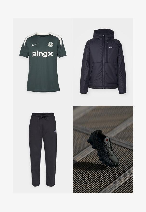 Črna, podložena Nike jakna z sprednjim zadrgo in kapuco. Ima bel logo na levem prsnem delu in dvojna sprednja žepa. Gladka zunanja tekstura.; Temnozelena nogometna majica iz dihalnega materiala, s svetlečimi belimi poudarki na ramenih, krožnim logotipom Chelseaja in belim logotipom "Bingx".; Črne trenirke iz mehkega materiala z elastičnim pasom, vrvico in majhnim logotipom Nike na levem stegnu.; Črne atletske čevlje z mrežasto zgornjim delom, teksturiranimi podrobnostmi in značilnim ukrivljenim podplatom. Imajo sistem vezalk in logotip na jeziku.