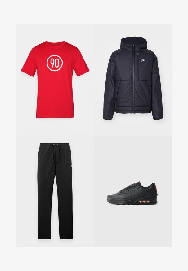 Černá zateplená bunda Nike s předním zipem a kapucí. Na levé straně hrudi má bílé logo a dvojité přední kapsy. Hladký povrch.; Červené bavlněné tričko s bílou kruhovou grafikou se číslem "90" uprostřed. Klasický kulatý výstřih a krátké rukávy.; Černé teplákové kalhoty vyrobené z fleecu, s elastickým pasem a šňůrkami, dvěma předními kapsami a malým logem na stehně.; Tenisky Nike Air Max 90 s černým syntetickým svrškem, texturovaným povrchem, šněrováním, viditelnou vzduchovou jednotkou a oranžovým logem.