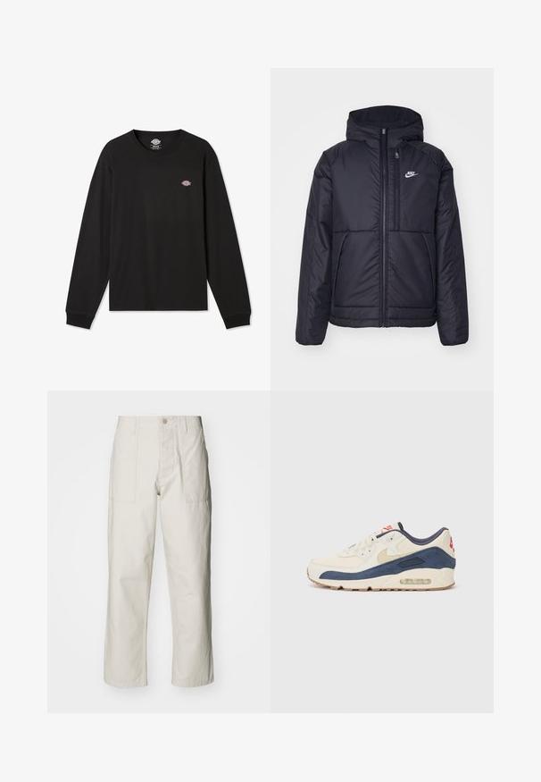 Fekete, párnázott Nike dzseki elülső cipzárral és kapucnival. A bal mellen fehér logó található, valamint két elülső zseb. Simának tűnő külső felület.; Fekete, hosszú ujjú pamut póló, bal mellel egy kis, több színű Dickies logóval és bordázott mandzsettákkal.; Világos bézs, bő szárú nadrág, pamutból készült. Elöl zsebekkel és gombos záródással rendelkezik. Simított textúrájú, finom függőleges csíkokkal.; Tejszínbőr és tengerészkék velúr felsőrésszel rendelkező sporty cipők, látható légsóléval, bézs gumitalppal és piros részlettel a saroknál.