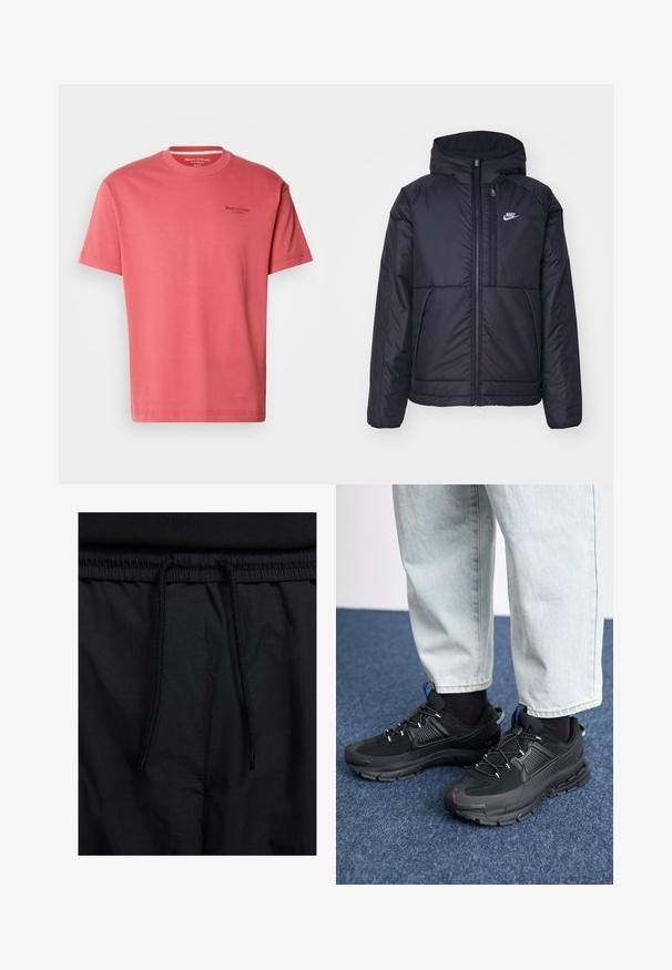 Svart, polstret Nike-jakke med frontglidelås og hette. Har en hvit logo på venstre bryst og doble frontlommer. Glatt ytterside.; Rosa bomulls t-skjorte med rund hals, korte ermer og en liten svart logo på venstre bryst. Myk tekstur og avslappet passform.; Sorte shorts med snor i livet, lett stoff med en jevn tekstur, og et enkelt design uten synlige logoer eller mønstre.; Svarte sportssko med teksturert stoff og gummisåler, med elastiske lisser og en blå detalj på hælen. Brukt med lyse denimbukser.