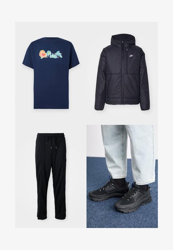 Melna, pufota Nike jaka ar priekšējo rāvējslēdzēju un kapuci. Iezīmēta ar baltu logotipu uz kreisās krūtis un divām priekšējām kabatām. Gluda ārējā tekstūra.; Navy zila īsām piedurknēm T-krekls, kas izgatavots no kokvilnas. Tam ir daudzkrāsains grafiskais logo "Carhartt" ar gaismas efektu centrā.; Melnas bikses ar aukliņu jostas vietā, ar sānu kabatām un taisnu kāju griezumu uz vienkrāsaina fona.; Melni sporta apavi ar strukturētu audumu un gumijas zoli, ar elastīgām auklām un zilu akcentu uz papēža. Nēsāti ar gaišām džinsu biksēm.