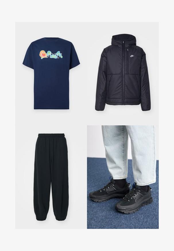 Czarna, pikowana kurtka Nike z przednim zamkiem błyskawicznym i kapturem. Posiada białe logo po lewej stronie klatki piersiowej oraz podwójne kieszenie z przodu. Gładka struktura zewnętrzna.; Granatowa koszulka T-shirt z krótkim rękawem, wykonana z bawełny. W centrum znajduje się wielokolorowa grafika logo „Carhartt” z efektem poświaty.; Czarne dresy z elastycznym pasem, luźny krój, ściśnięte nogawki, gładka tekstura, bez widocznych wzorów lub ozdób.; Czarne buty sportowe z teksturowanej tkaniny i gumowymi podeszwami, z elastycznymi sznurówkami i niebieskim akcentem na pięcie. Noszone z jasnymi dżinsami.