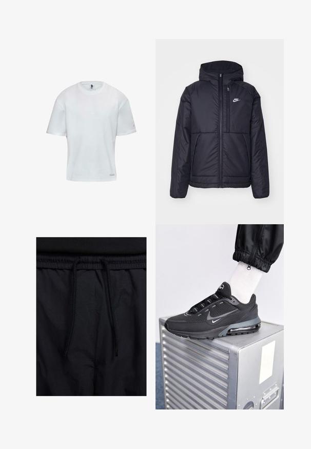 Black, padded Nike jacket with a front zipper and hood. Features a white logo on the left chest and dual front pockets. Smooth exterior texture.; White cotton t-shirt featuring a round neckline and short sleeves. Straight cut with a small logo accent on the side. Smooth texture.; Black shorts featuring a drawstring waistband, lightweight fabric with a smooth texture, and a simple design without visible logos or patterns.; Nike Sportswear PULSE - Trainers - black/anthracite