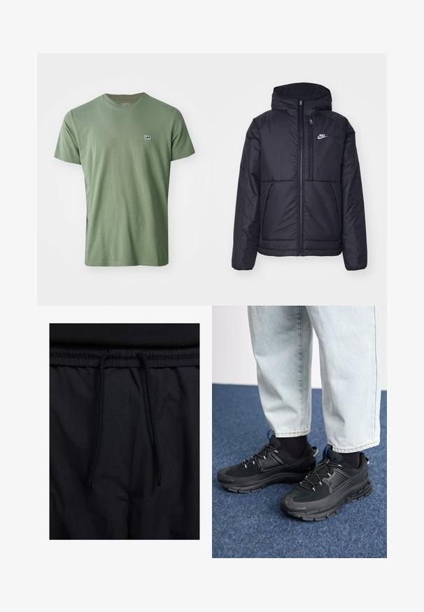 Črna, podložena Nike jakna z sprednjim zadrgo in kapuco. Ima bel logo na levem prsnem delu in dvojna sprednja žepa. Gladka zunanja tekstura.; Lee PATCH LOGO TEE - Navadna majica - olive stone; Črne kratke hlače z vrvico v pasu, lahkotna tkanina z gladko teksturo in preprosto zasnovo brez vidnih logotipov ali vzorcev.; Črne športne čevlje z teksturirano tkanino in gumijastimi podplati, ki imajo elastične vezalke ter modre poudarke na peti. Nosi se z lahkimi denim hlačami.