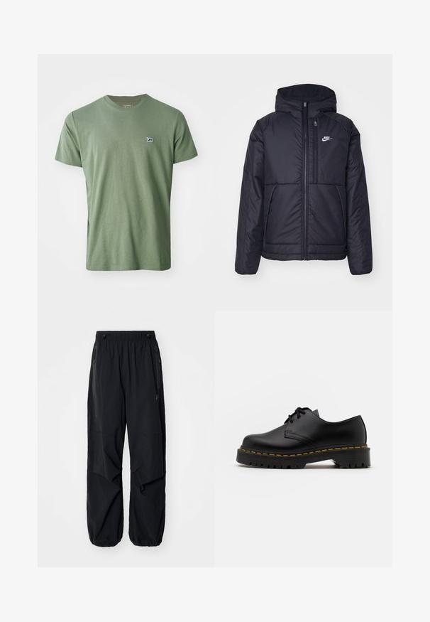 Zwarte, gewatteerde Nike-jas met een voorkant met ritssluiting en capuchon. Kenmerkt zich door een wit logo op de linkerborst en dubbele frontzakken. Gladde buitenkant.; Lee PATCH LOGO TEE - T-shirt basic - olive stone; Zwarte lichtgewicht cargobroek met een elastische tailleband, zijritsen en ruime zakken. Heeft een losse pasvorm en taps toelopende boorden.; Zwarte leren veterschoen met een ronde neus, getextureerde rubberen zool en gele stiksels rond de basis. Plat ontwerp en een gladde afwerking.