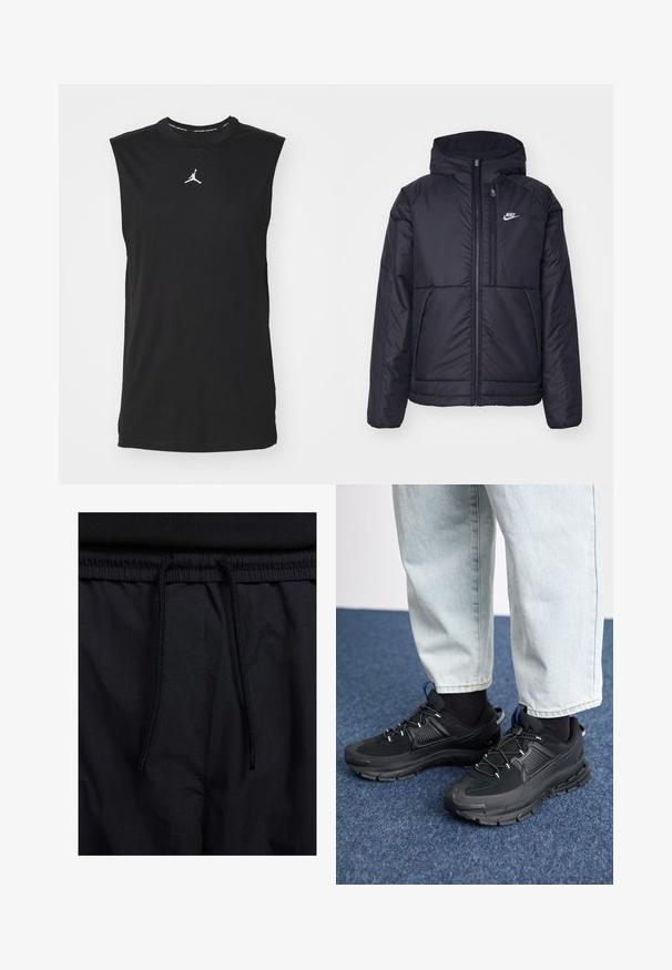 Černá zateplená bunda Nike s předním zipem a kapucí. Na levé straně hrudi má bílé logo a dvojité přední kapsy. Hladký povrch.; Černé bezrukávové tričko z bavlny, s kulatým výstřihem a bílým logem Jumpman uprostřed. Hladká textura, standardní střih.; Černé šortky s páskem na šňůrku, lehký materiál s hladkou texturou a jednoduchý design bez viditelných log nebo vzorů.; Černé sportovní boty s texturovanou tkaninou a gumovou podrážkou, s elastickými tkaničkami a modrým akcentem na patě. Nosí se s světlými džíny.