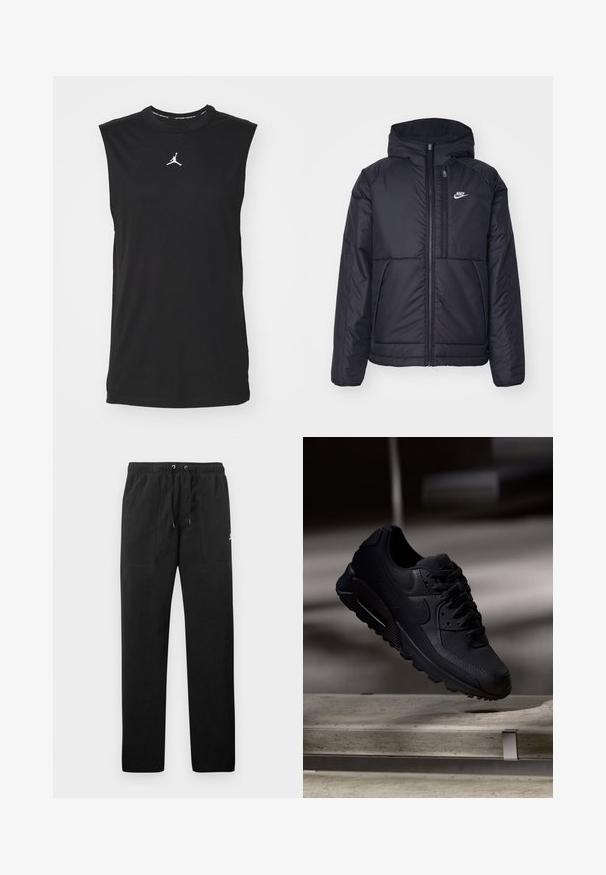 Casaco Nike preto, acolchoado, com fecho à frente e capuz. Apresenta um logo branco no lado esquerdo do peito e dois bolsos frontais. Textura exterior lisa.; Camiseta preta sem mangas feita de algodão, com decote redondo e um logo Jumpman branco ao centro. Textura suave, corte regular.; Calças de fato de treino pretas feitas de polar, com uma cintura elástica e cordões, dois bolsos frontais e um pequeno logótipo na coxa.; Sapatilha Nike Air Max 90 preta com parte superior em malha texturizada, acabamentos em couro liso, colarinho almofadado e amortecimento de ar visível na sola.