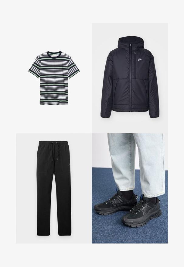 Crna Nike jakna s podstavom, dugmadi sprijeda i kapuljačom. Ima bijeli logotip na lijevoj strani prsnog koša i dva prednja džepa. Glatka vanjska tekstura.; Prugasta majica u mornarsko plavoj, bijeloj i zelenoj boji. Ima okrugli izrez, kratke rukave i različite horizontalne pruge po tkanini.; Crne trenirke od flisa, s elastičnim pojasom i vezicama, dva prednja džepa i mali logo na butini.; Crne atletske cipele s teksturiranom tkaninom i gumene potplate, s elastičnim vezicama i plavim akcentom na peti. Nosene su s svijetlim trapericama.