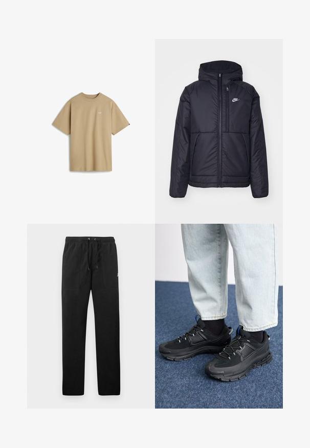 Zwarte, gewatteerde Nike-jas met een voorkant met ritssluiting en capuchon. Kenmerkt zich door een wit logo op de linkerborst en dubbele frontzakken. Gladde buitenkant.; Beige T-shirt met korte mouwen van katoen, voorzien van een klein wit logo op de linkerborst en een ronde hals. Eenvoudig en onopgesmukt ontwerp.; Zwarte sweatpants van fleece, met een elastische tailleband met trekkoorden, twee voorzakken en een klein logo op de dij.; Zwarte sportschoenen met gestructureerde stof en rubberen zolen, met elastische veters en een blauwe accent op de hiel. Draag samen met lichte spijkerbroeken.
