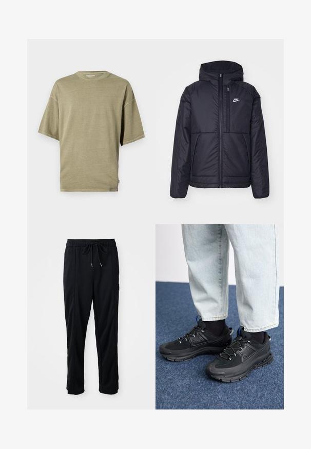 Casaco Nike preto, acolchoado, com fecho à frente e capuz. Apresenta um logo branco no lado esquerdo do peito e dois bolsos frontais. Textura exterior lisa.; T-shirt de mangas curtas em verde-azeitona, feito de tecido suave, com decote redondo e um corte descontraído com costuras visíveis.; Calças casuais pretas com cordão na cintura, com bolsos laterais e corte reto, sobre um fundo simples.; Sapatilhas desportivas pretas com tecido texturizado e solas em borracha, apresentando atacadores elásticos e um detalhe azul no calcanhar. Usadas com calças de ganga claras.