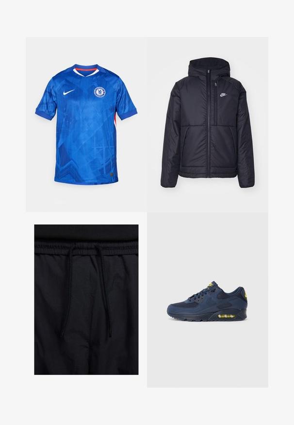 Veste Nike noire rembourrée avec une fermeture éclair sur le devant et une capuche. Elle présente un logo blanc sur la poitrine gauche et deux poches avant. Texture extérieure lisse.; Maillot de football Nike bleu avec un motif géométrique, manches courtes, encolure en V et insigne de Chelsea FC sur la poitrine gauche ; présente des accents rouges.; Shorts noirs avec un élastique à cordon de serrage, en tissu léger avec une texture lisse, et un design simple sans logos ni motifs visibles.; Baskets Nike Air Max bleu marine avec une tige en suède et en maille, présentant des accents jaunes, un devant à lacets et un partiellement visible amorti d'air dans la semelle.