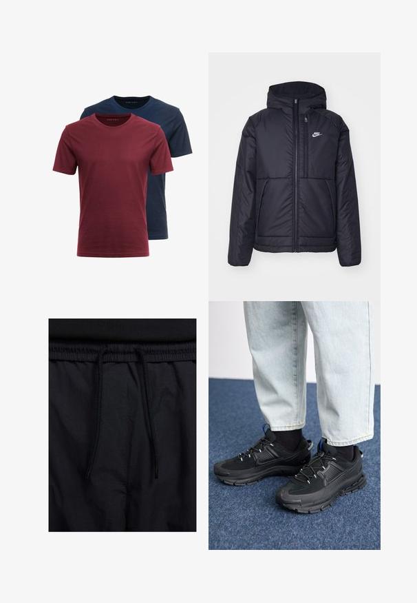 Must musta Nike jope, millel on ees lukuga avamine ja kapuuts. Vasakpoolne rind on kaunistatud valge logoga ning ees on kaks taskut. Sile välimine tekstuur.; Kaks ümara kaelusega t-särki kokku pandud; üks tumesinine ja teine tumepunane. Valmistatud puuvillast, lühikeste varrukatega ja sileda tekstuuriga.; Mustad lühikesed püksid, millel on paelaga vöökoht, kerge kangas, mis on sileda tekstuuriga ning lihtne disain ilma nähtavate logode või mustriteta.; Mustad mustad jooksukingad, millel on tekstureeritud kangas ja kummist tallad, elastsed nöörid ning sinine aksent kandadel. Kandmine heledate teksadega.