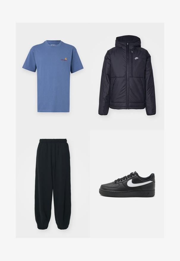 Black, padded Nike jacket with a front zipper and hood. Features a white logo on the left chest and dual front pockets. Smooth exterior texture.; Blue cotton T-shirt with a crew neckline. Features a small red and yellow Carhartt logo on the left chest. Short sleeves, straight hem.; Black, elasticated-waist sweatpants with a loose fit, cuffed ankles, smooth texture, and no visible patterns or hardware accents.; Black Nike Air Force 1 sneakers with a smooth leather upper, white logo accent, perforated toe, and textured rubber sole.