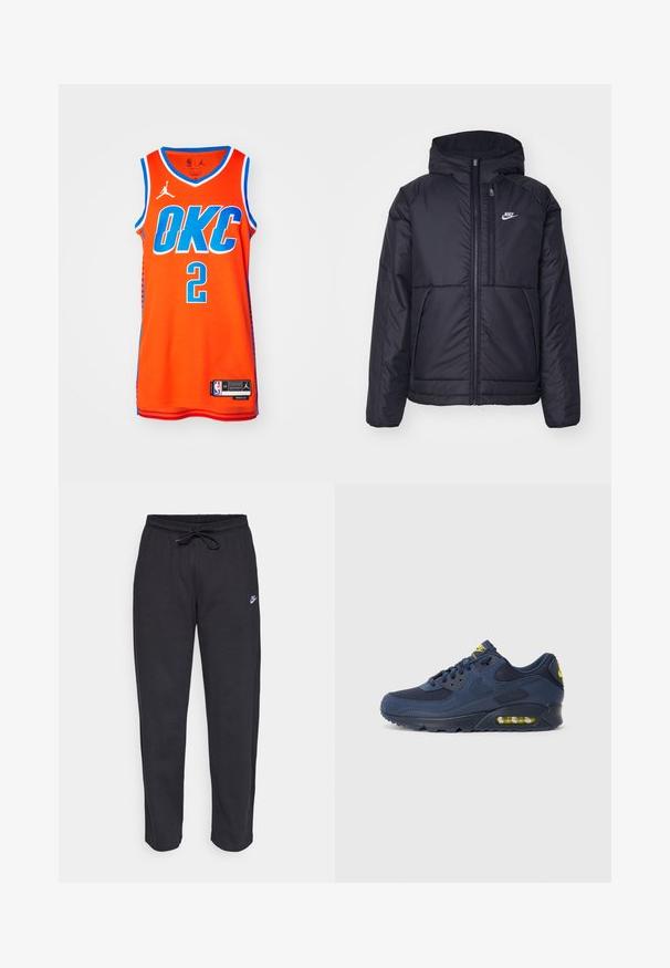 Schwarze, gepolsterte Nike-Jacke mit Frontreißverschluss und Kapuze. Hat ein weißes Logo auf der linken Brust und zwei Fronttaschen. Glattes äußeres Material.; Oranges Basketballtrikot mit blauer Aufschrift "OKC" und der Nummer "2". Netzstruktur mit blauen Akzenten und Jordan-Logo auf der Schulter.; Schwarze Sweatpants aus weichem Stoff mit elastischem Bund, Kordelzug und kleinem Nike-Logo auf dem linken Oberschenkel.; Dunkelblaue Nike Air Max Sneaker mit Obermaterial aus Wildleder und Mesh, ausgestattet mit gelben Akzenten, Schnürung vorne und sichtbarer Luftpolsterung in der Sohle.