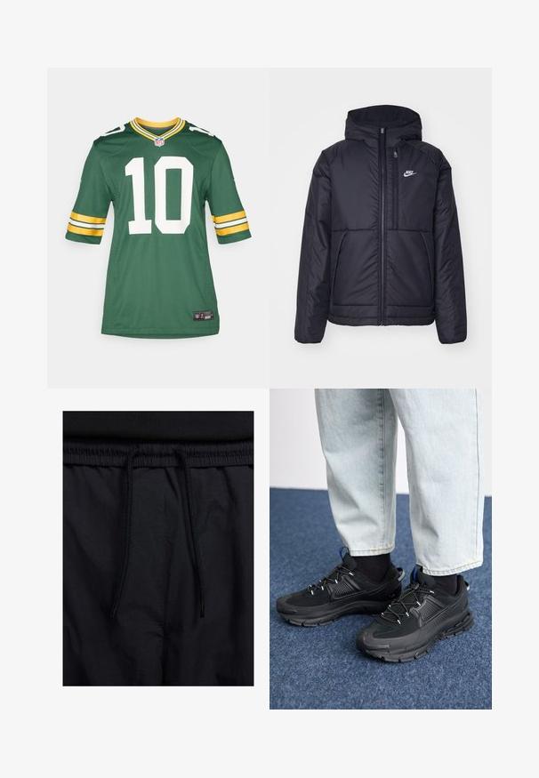 Casaco Nike preto, acolchoado, com fecho à frente e capuz. Apresenta um logo branco no lado esquerdo do peito e dois bolsos frontais. Textura exterior lisa.; Camisa verde da NFL com detalhes em amarelo e número 10 em branco. As mangas curtas têm listras amarelas e brancas. Feita de material sintético.; Calções pretos com um cós elástico ajustável, fabricados em tecido leve com uma textura suave e um design simples, sem logótipos ou padrões visíveis.; Sapatilhas desportivas pretas com tecido texturizado e solas em borracha, apresentando atacadores elásticos e um detalhe azul no calcanhar. Usadas com calças de ganga claras.