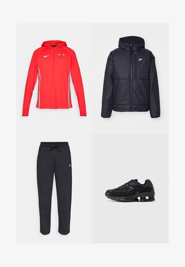 Giacca Nike nera, imbottita, con zip frontale e cappuccio. Presenta un logo bianco sul lato sinistro del petto e doppie tasche frontali. Texture esterna liscia.; Hoodie rosso Nike con zip frontale a metà, caratterizzato da un logo dei Bulls sul petto e strisce bianche sui lati delle maniche. Tessuto liscio e leggero.; Pantaloni della tuta neri realizzati in tessuto morbido con vita elastica, coulisse e un piccolo logo Nike sulla coscia sinistra.; Scarpa sportiva nera con tomaia in mesh, colletto imbottito e tecnologia di ammortizzazione prominente al tallone. Presenta dettagli in rilievo e lacci.